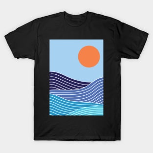 Minimalist Navy Blue Ocean Waves And Sunset Graphic Art T-Shirt